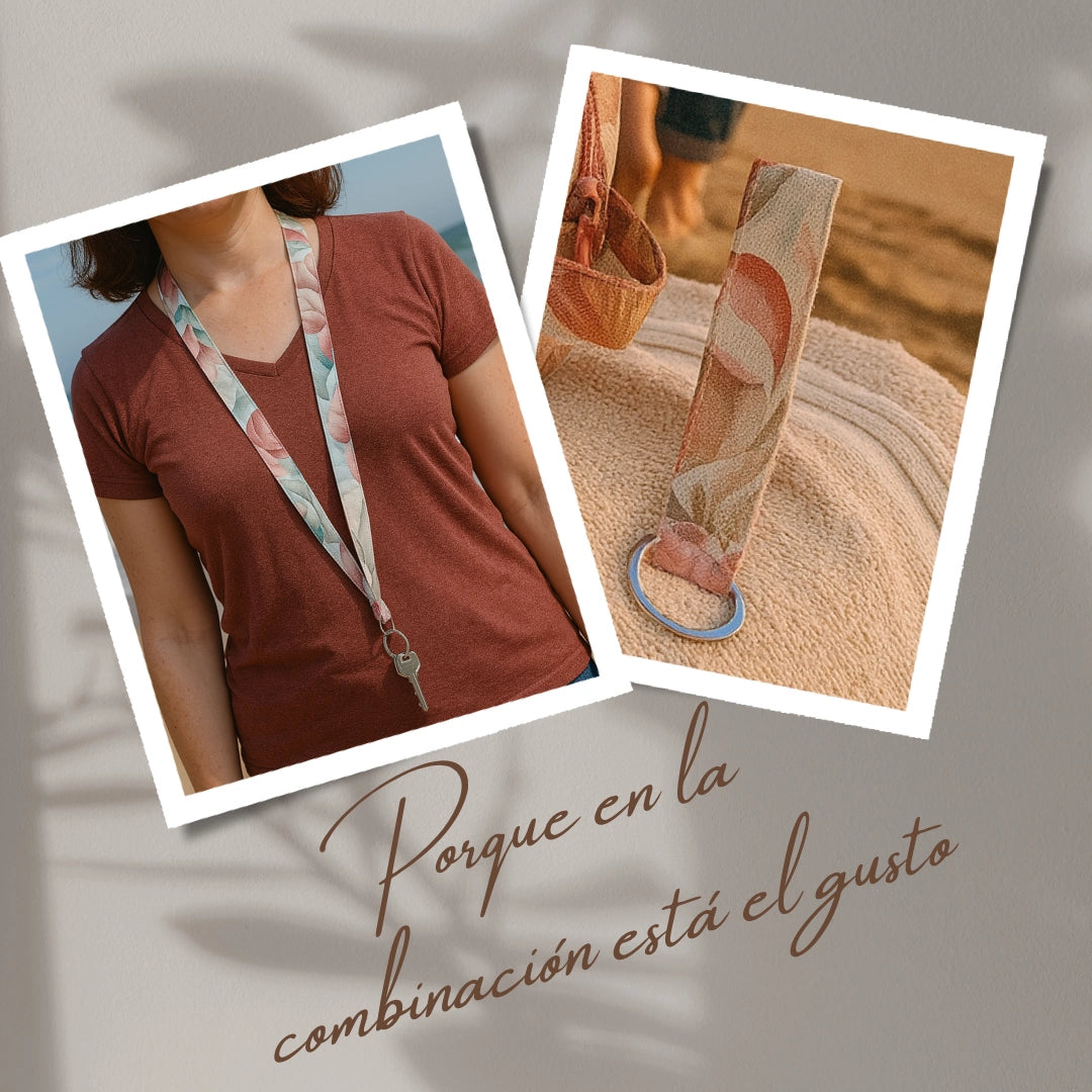 Lanyard y llavero de tela estampada artesanal a juego con mochila y neceser del pack List@s Para Todo.