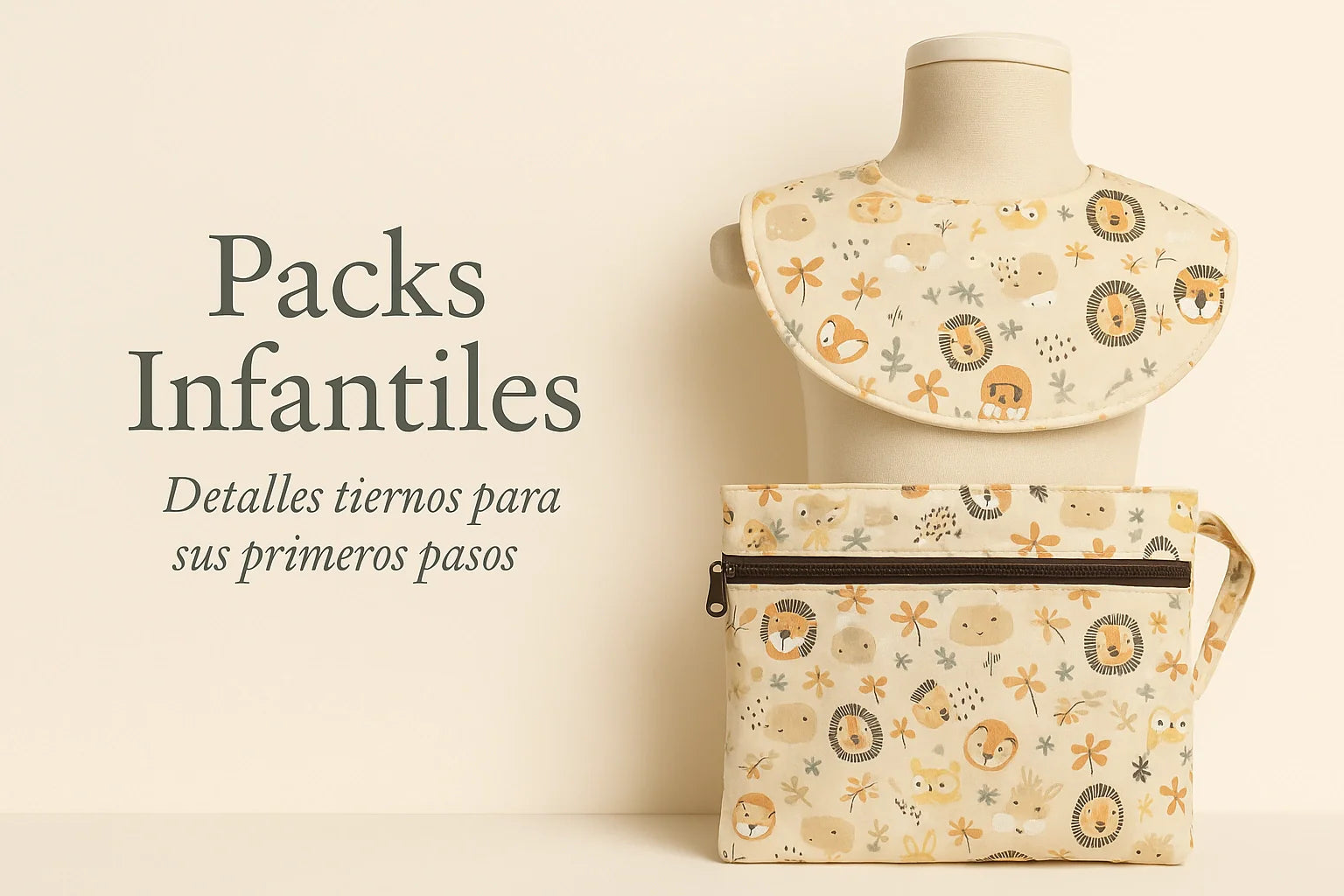 Colección Packs Infantiles de Shared Moments con babero y bolsa impermeable estampados de animalitos en tonos beige y mostaza, sobre fondo claro.