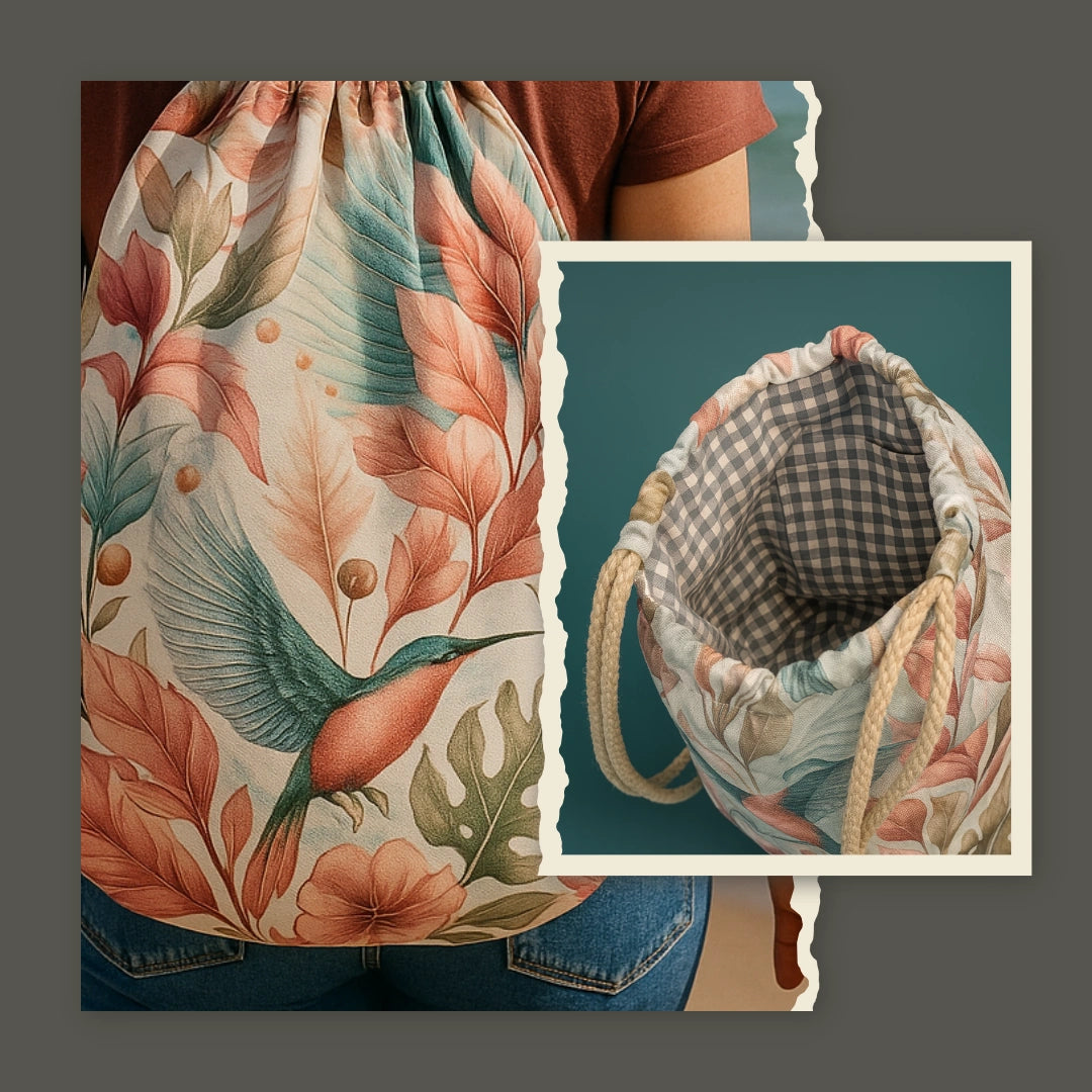 Mochila de cuerdas artesanal con estampado de colibrí y hojas, vista exterior e interior forrado en tela vichy.