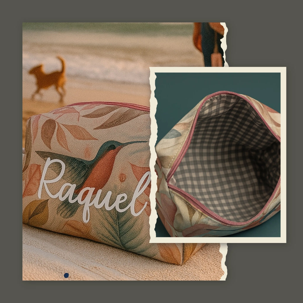 Neceser artesanal estampado con colibrí y hojas, personalizado con nombre y forro interior en vichy.
