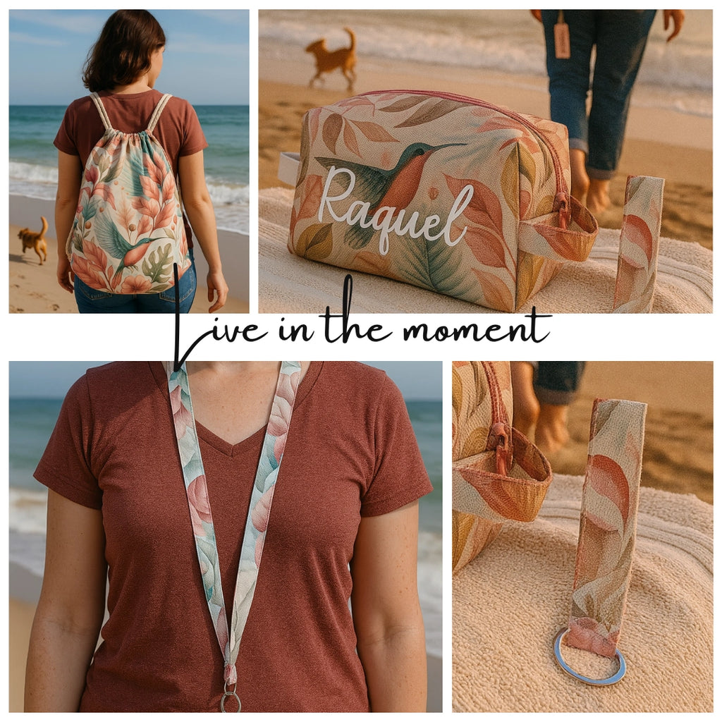 Pack List@s Para Todo completo: mochila, neceser personalizado, lanyard y llavero de tela artesanal estampada.