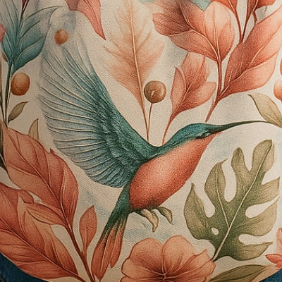 Primer plano del estampado con colibrí y hojas tropicales en tonos verdes y terracota.