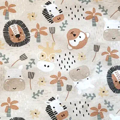 Trama del estampado Sábana con animalitos: leones, osos, jirafas y flores.